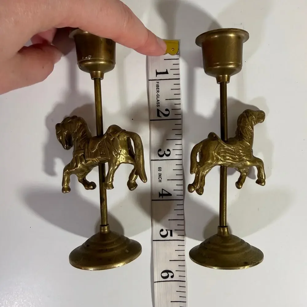 Vintage Brass Carousel Horse Ornate Candlesticks Taiwan 5 inch Candle Holders